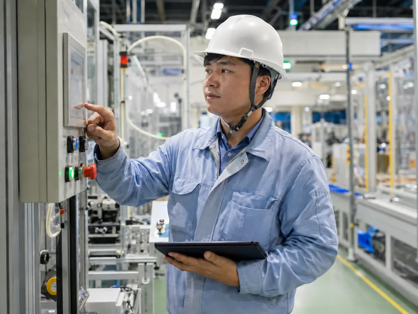 日本の職場で評価試験データを確認するベトナム人エンジニア