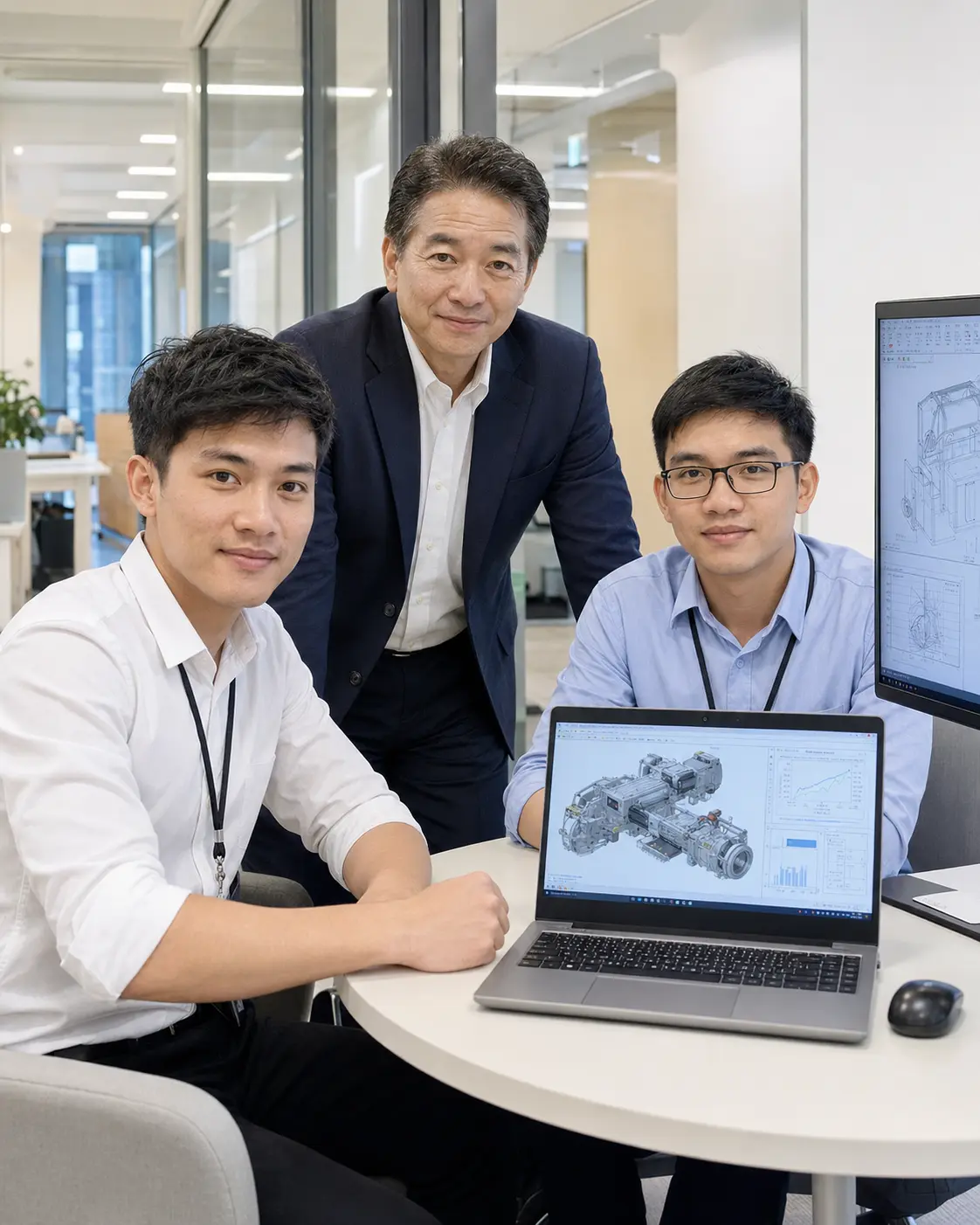日本の職場で技術データについて話し合うベトナム人エンジニア